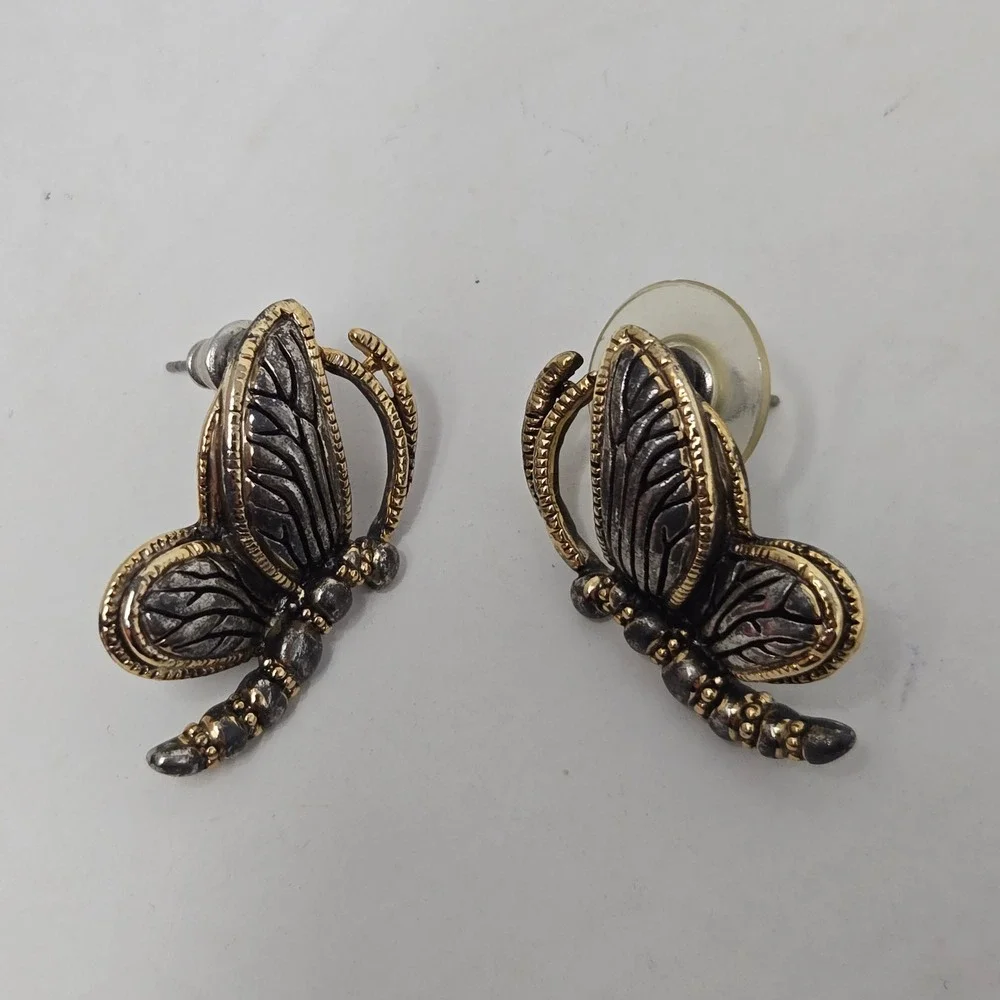 Vintage Two Tone Butterfly Stud Earrings Silver Gold Tone Insect Whimsical MJ XX